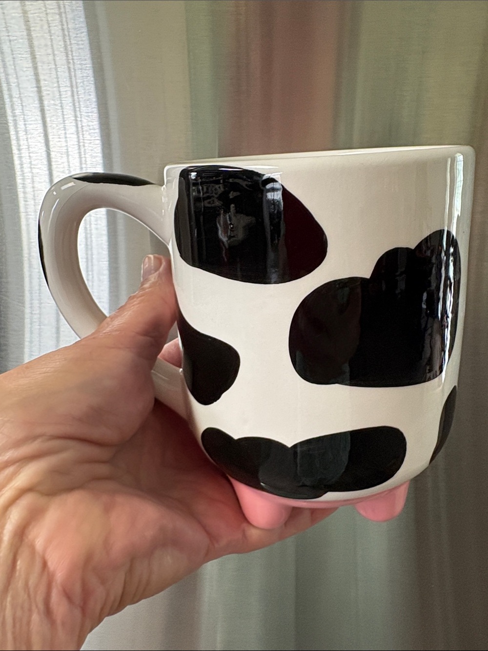 Boston Warehouse Ceramic Cow Print Coffee Mug in White and Black with Pink Hoofs